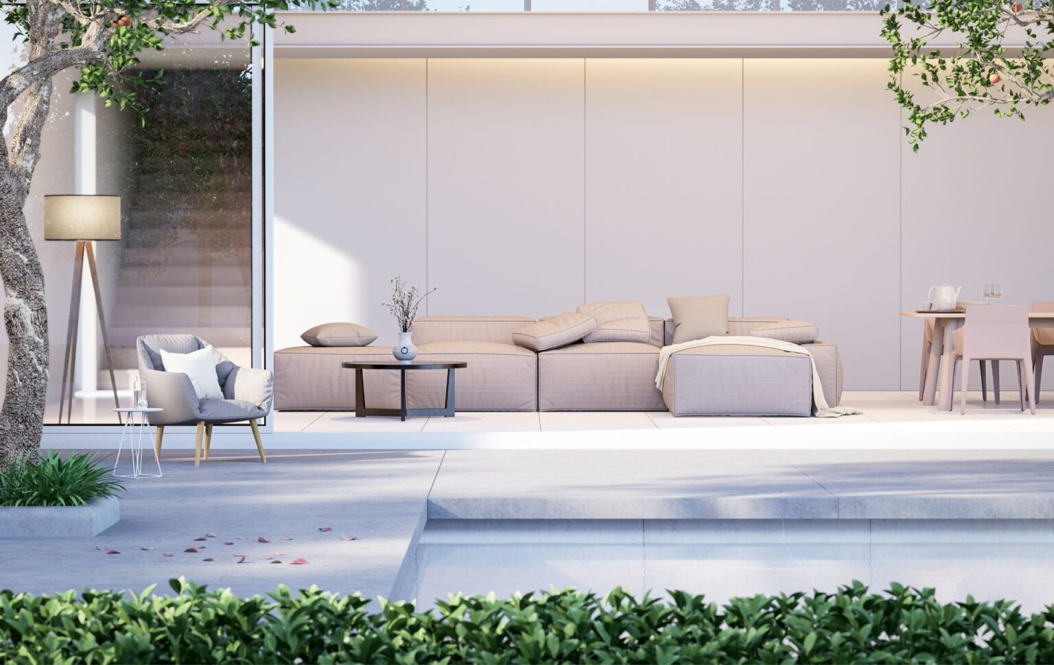 Fachada moderna de vivienda unifamiliar de lujo construida por constructora en Valencia con acabados premium.